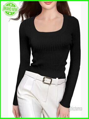 Scoop Neck Long Sleeve Ribbed Knit Slim Fit Pullover Sweater